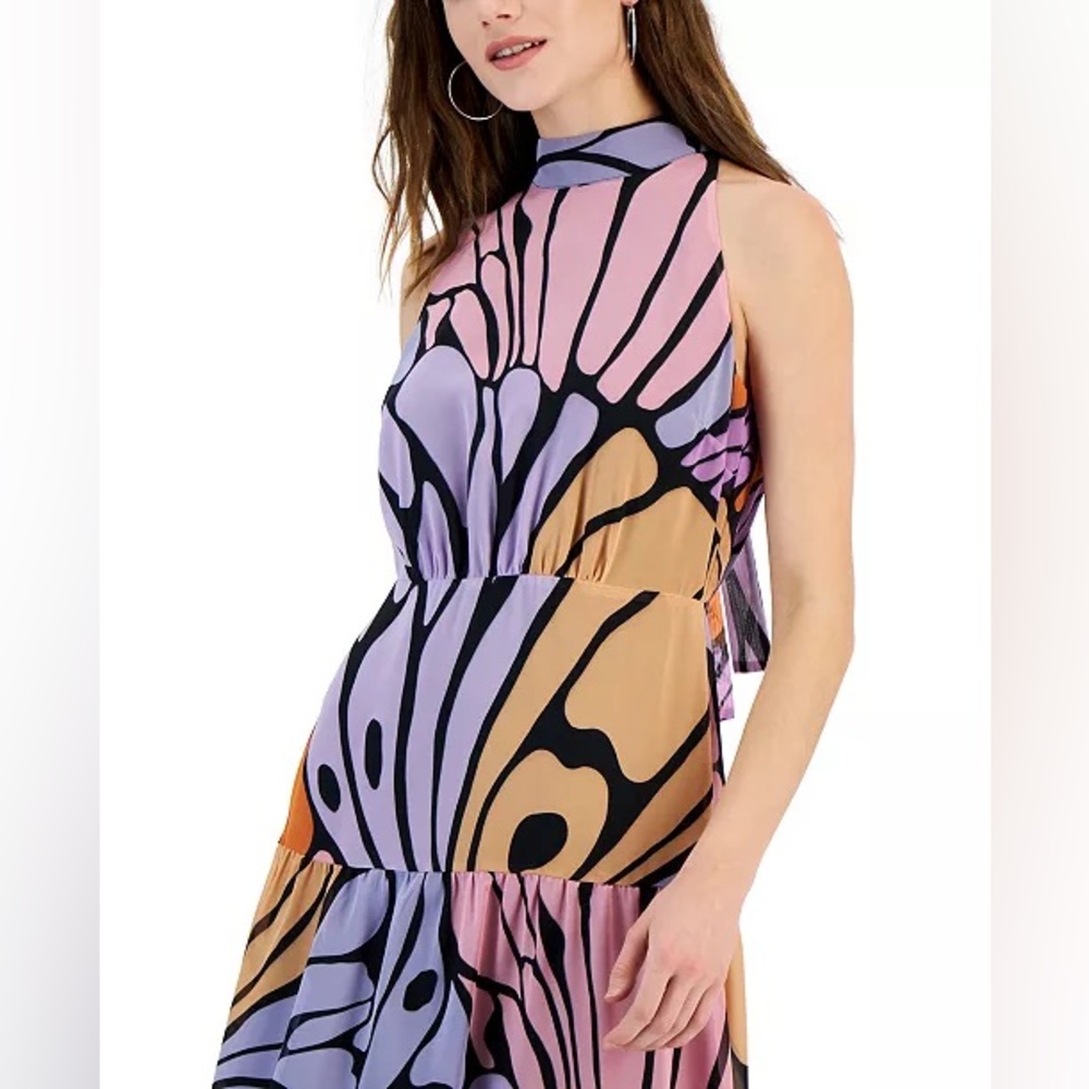 Sam Edelman Pink Lavender and Tan Butterfly-Print Maxi Dress